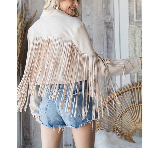 Sand Vegan Faux Suede Fringe Cropped Boho Western Moto Jacket Top Walford - Picture 5 of 7